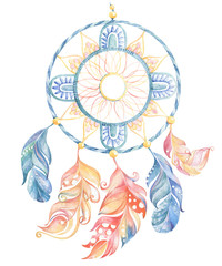 Watercolor dream catcher with feathers
