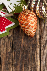 wood background and Christmas decorations