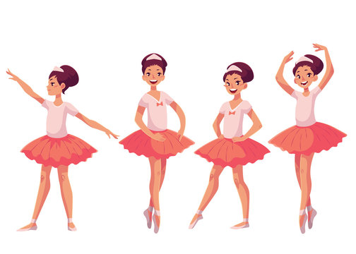 Graceful pretty young ballerina in pink tutu, cartoon style vector  illustrations isolated on white background. Little ballet dancer in pink  tutu in various poses of classical ballet Stock Vector | Adobe Stock