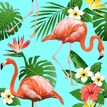 Flamingo Bird and Tropical Flowers Background - Seamless pattern vector.