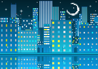Pixel art night city card. Vector illustration