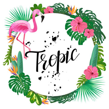 Bright template with tropical plants, flowers and pink flamingo.