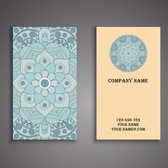 Vector business card. Floral mandala pattern and ornaments. Orie