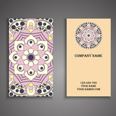 Vector business card. Floral mandala pattern and ornaments. Orie