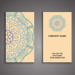 Vector business card. Floral mandala pattern and ornaments. Orie