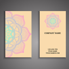 Vector business card. Floral mandala pattern and ornaments. Orie