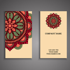 Vector business card. Floral mandala pattern and ornaments. Orie