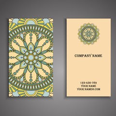 Vector business card. Floral mandala pattern and ornaments. Orie