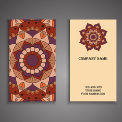 Vector business card. Floral mandala pattern and ornaments. Orie