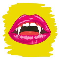 Female vampire lips with bright pink lipstick.Vector illustration