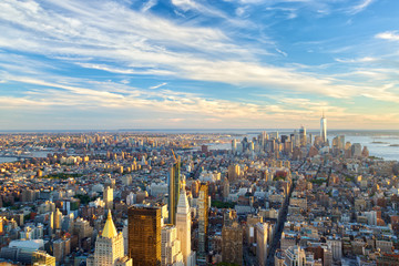 Manhattan skyline at sunset aerial view, New York City