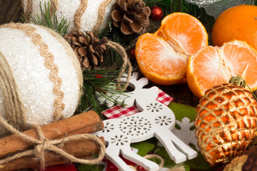 Fototapeta na wymiar Christmas decorations on a wooden background