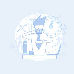 Office Worker Business Man Eat On Coffee Break, Sitting Workplace Day Routine Vector Illustration