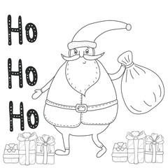 Christmas coloring page with Santa Claus, gift boxes