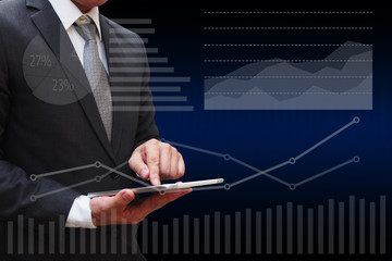 Business Man touching modern tablet with the virtual panel of pi