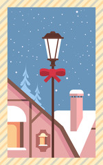 Fototapeta na wymiar Decorated Lantern Snowy House Happy New Year Merry Christmas Greeting Card Retro Poster Flat Vector Illustration