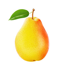 Pear with leaf isolated on white, with clipping path