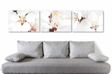 Floral motif canvas over modern couch, Spring flowers blossom collage for interior decor.