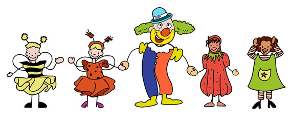 Fasching Clown mit Kindergarten Kindern lachen und winken