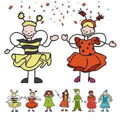 Verschiedene Faschingskostüme für Kinder im Kindergarten