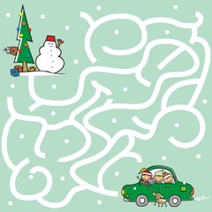 Labyrinth, find way to the christmas tree. Vector icon. Game for children.