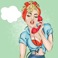 Sexy Pin-up woman answers the phone. Vector pop art comics retro style illustration - 127835610
