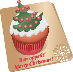 Cupcake with Christmas tree. Vector image. Design dessert menus, brochures, banners, flyers. 