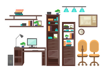 Empty Workplace Desk Workspace Office Interior No People Flat Vector Illustration