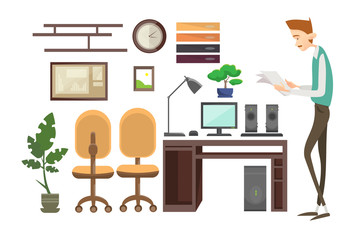 Business Man Interior Workplace, Businessman Manager Office Worker Flat Vector Illustration
