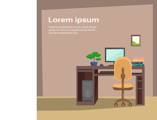 Empty Workplace Desk Workspace Office Interior No People Flat Vector Illustration