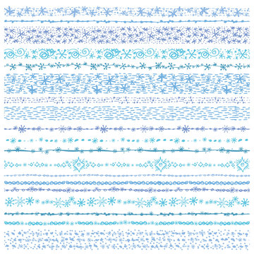 Winter snow seamless line borders set.Christmas.Cyan