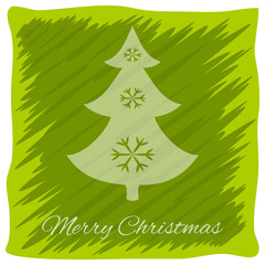 Christmas or New Year's greeting card. Vector logo, emblem design. Bright green stripes painted carelessly. Transparent silhouette of a Christmas tree decorated with snowflakes.