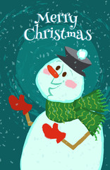 Funny Merry Christmas card with snowman. Vector cartoon illustration in hand draw style. Christmas Greeting Card.