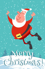 Funny Merry Christmas card with happy Santa Claus jump. Vector cartoon illustration in hand draw style. Christmas Greeting Card.