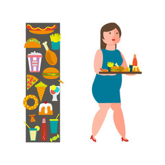 Food and woman icon for lifestyle infographic. Overweight girl with junk-food. Vector illustration