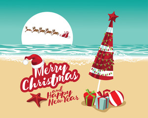 Merry Christmas and a Happy New Year in a warm climate design background. Santa Claus delivers gifts over a Beach umbrella with Christmas lights and Christmas gifts. - 127837856