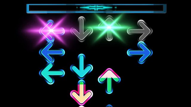 Seamless animation arrows moving up the screen and disappear on the top. Colorful arrows in dancing game concept. Arrow moving pattern with transparent alpha background in 4k. 