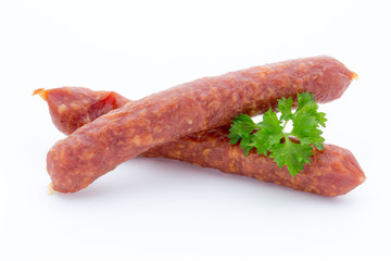 Smoked sausage salami isolated on a white background.