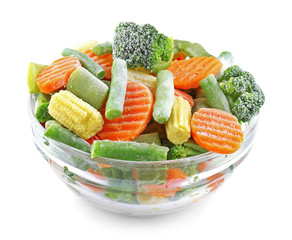 Bowl with frozen vegetables isolated on white