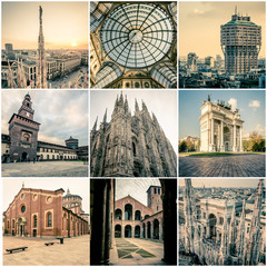 Milan city monuments mosaic - Duomo - Galleria Vittorio Emanuele - Velasca tower - Sforza Castle - Arch of Peace - S. Maria delle Grazie church - St. Ambrogio basilica