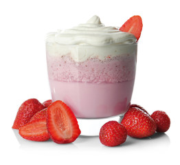 Strawberry milk shake on white background