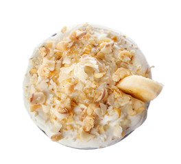 Milk shake with banana on white background