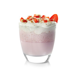 Strawberry milk shake on white background