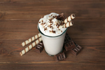 Chocolate milk shake on wooden background