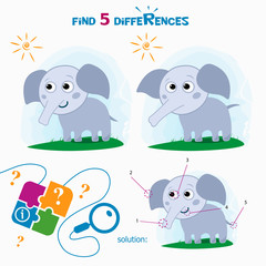 Find 5 differences. Cartoon Vector Illustration of Finding Differences Educational Activity Task for Children with cute elephant.