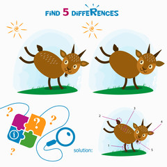 Fototapeta premium Find 5 differences. Cartoon Vector Illustration of Finding Differences Educational Activity Task for Children with cute goat