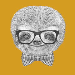 Portrait of Sloth with glasses and bow tie. Hand-drawn illustration.