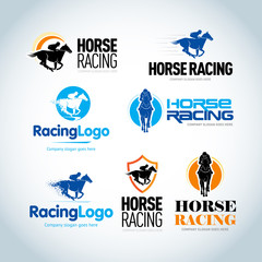 Horse Racing logotype templates set. Horse racing emblems template. Isolated vector logo variations.