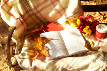 Naklejka na ściany i meble Autumn composition with book on the bench