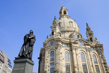 Fototapeta na wymiar The Dresden Frauenkirche and the monument of Martin Lüther -Dresden, Germany.